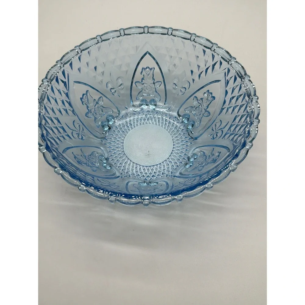 Vintage Light Blue Pressed Glass Footed Floral Diamond Bowl Scalloped Rim 10in